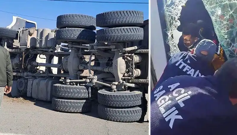 Korkunç Kaza: Virajı Alamayan Kamyon Yolda Yan Yattı!